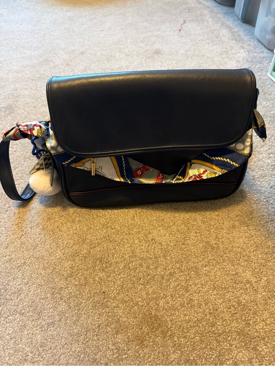 Handbags - Navy blue Leather Shoulder Bag with Patterned Scarf Accent
